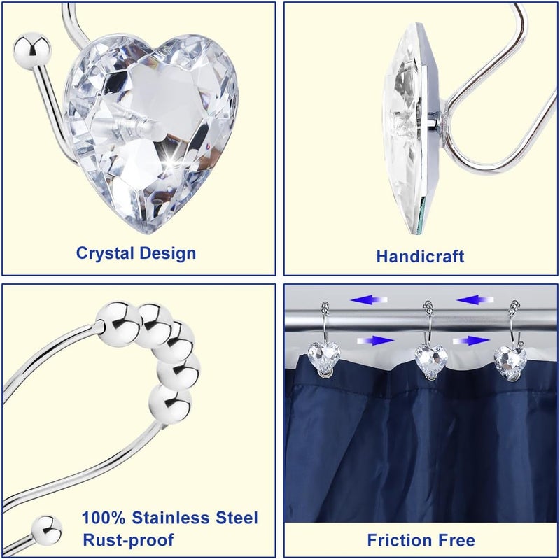 Yapicoco Shower Curtain Hooks Rings for Bathroom, 12PCS Heart Stainless Steel Rust Resistant Decorative Rhinestones Shower Curtain Rings Hangers for Shower Curtains (Double Hook Clear) - Image 2